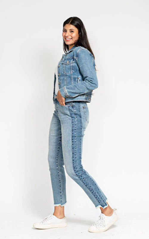 Judy Blue HW Vintage Wash Side Panel Detail & Hi Lo Fray Hem Slim Jeans #88536