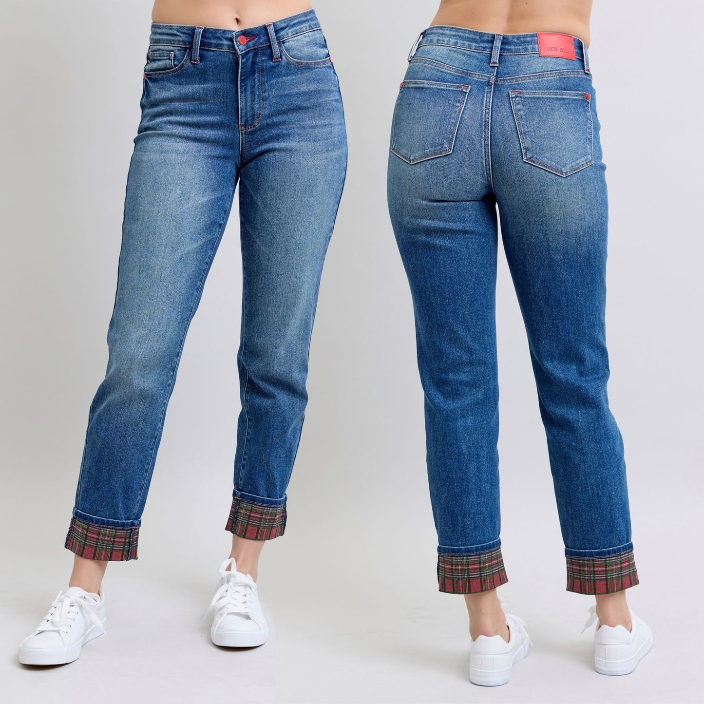 Judy Blue Mid Rise Plaid Print Cuff Boyfriend Jeans 88877
