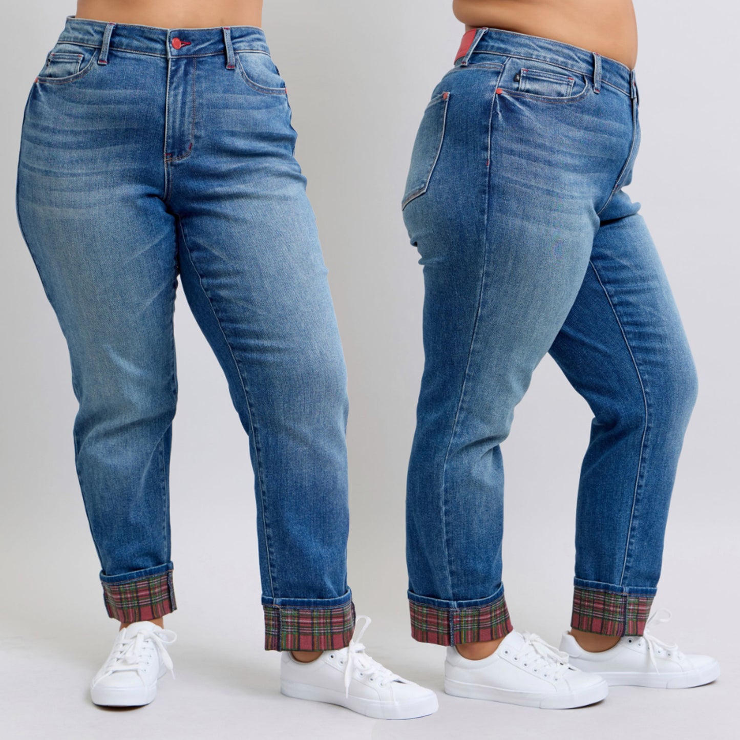 Judy Blue Mid Rise Plaid Print Cuff Boyfriend Jeans 88877