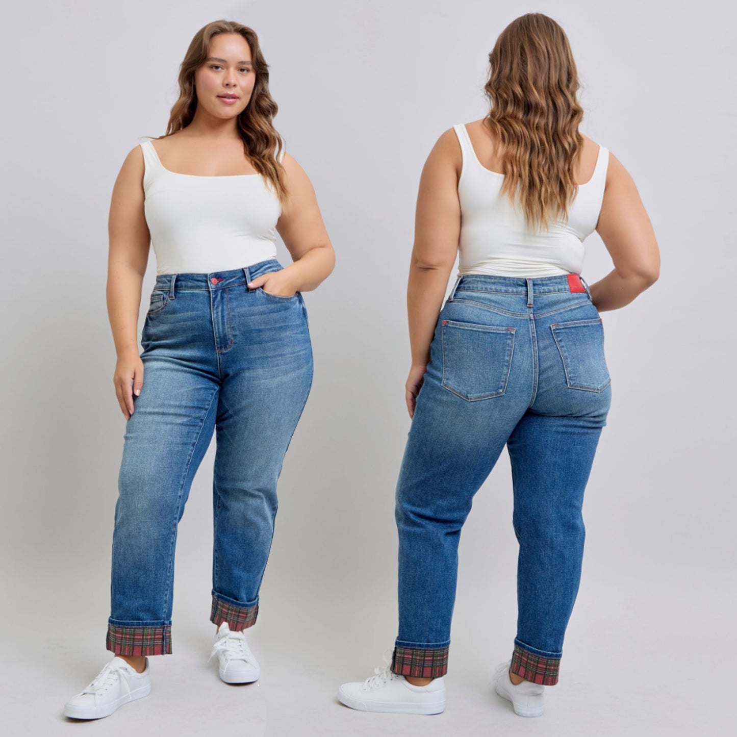 Judy Blue Mid Rise Plaid Print Cuff Boyfriend Jeans 88877