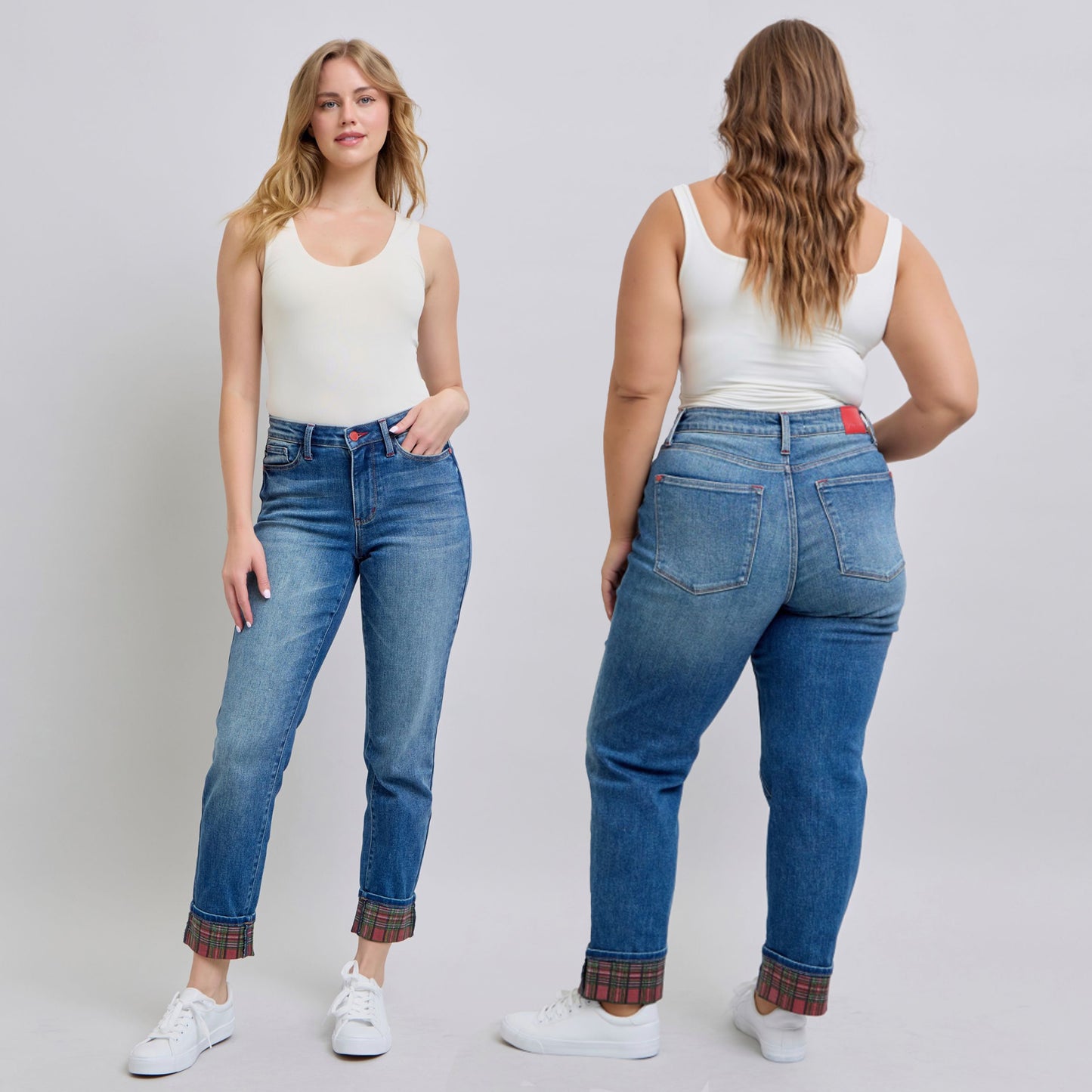 Judy Blue Mid Rise Plaid Print Cuff Boyfriend Jeans 88877