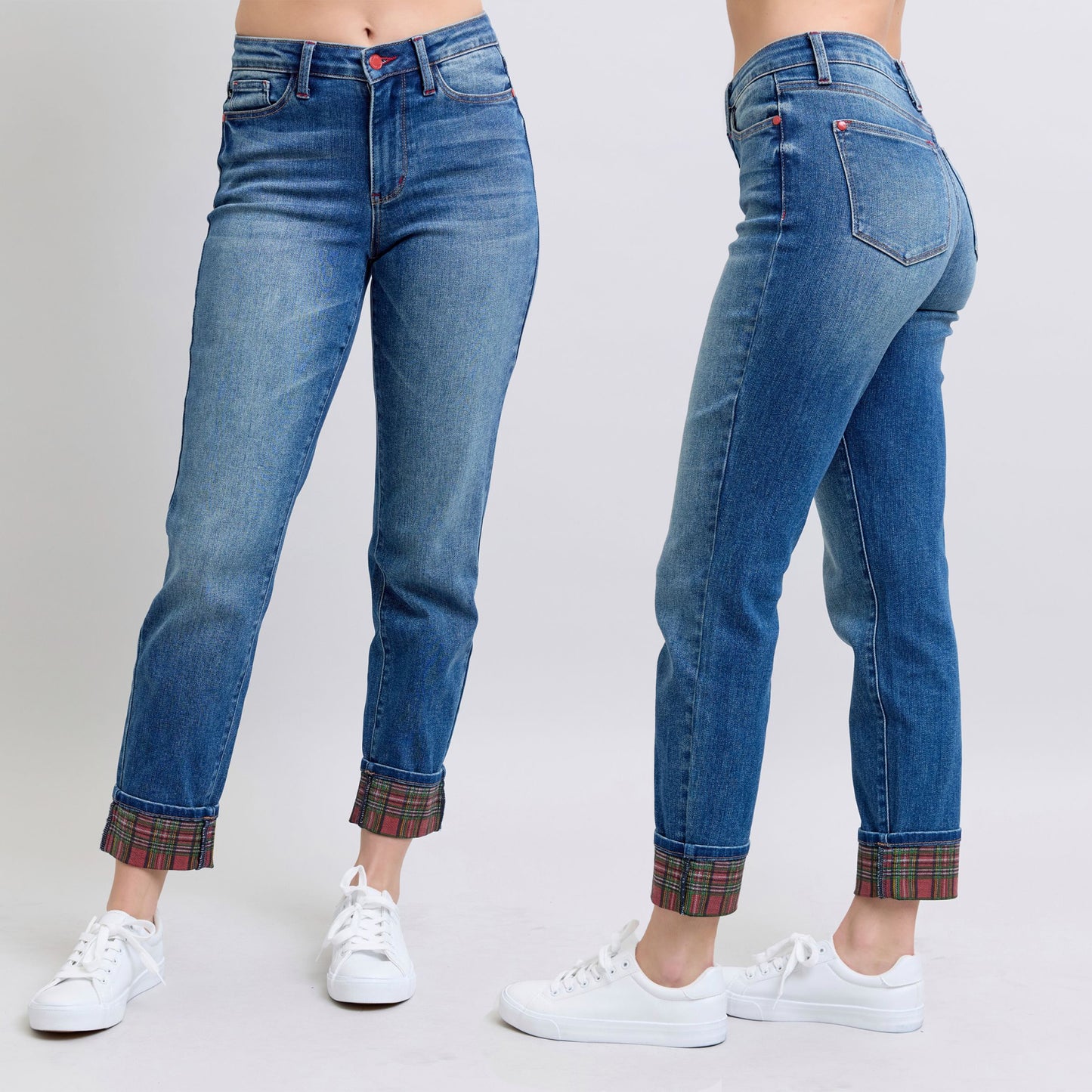 Judy Blue Mid Rise Plaid Print Cuff Boyfriend Jeans 88877