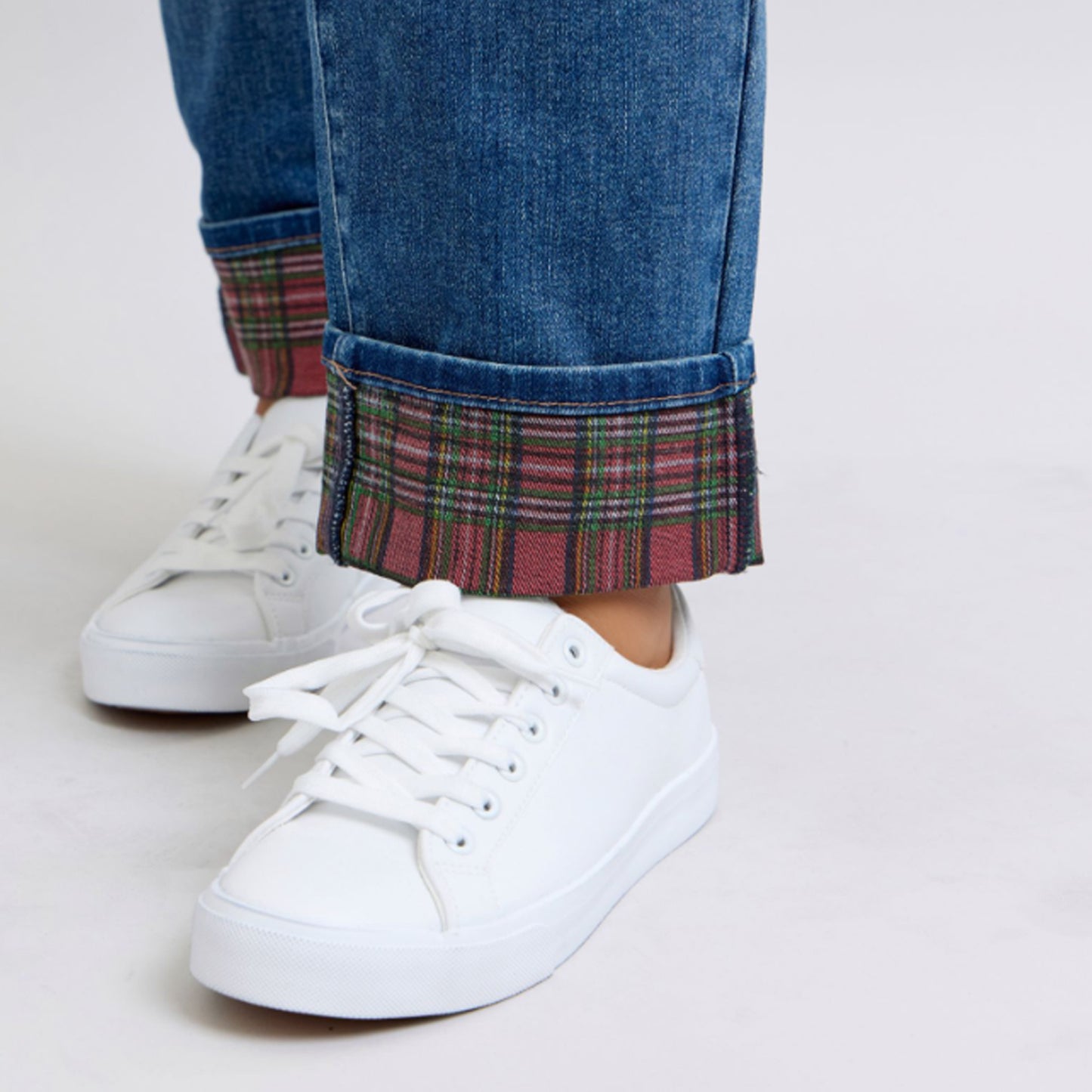 Judy Blue Mid Rise Plaid Print Cuff Boyfriend Jeans 88877
