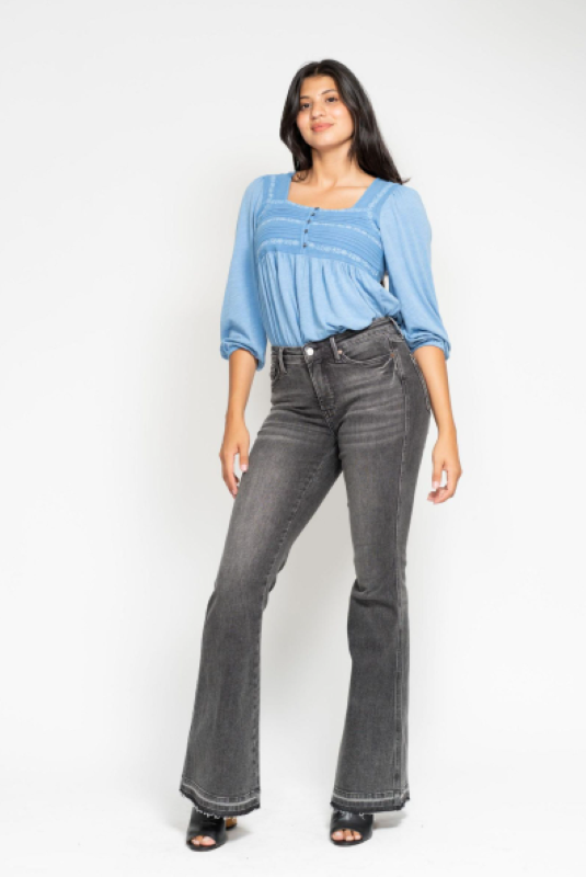 Judy Blue Mid Rise Tummy Control Washed Gray Release Hem Flare Jeans 88880