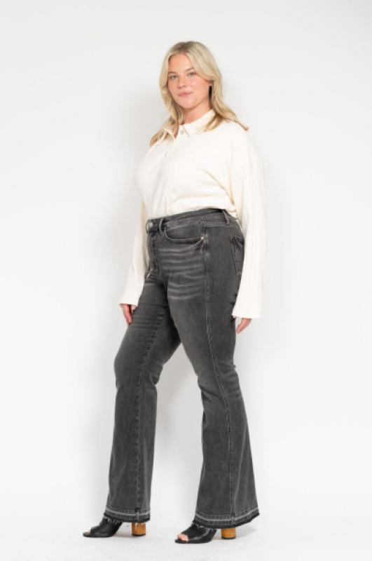 Judy Blue Mid Rise Tummy Control Washed Gray Release Hem Flare Jeans 88880