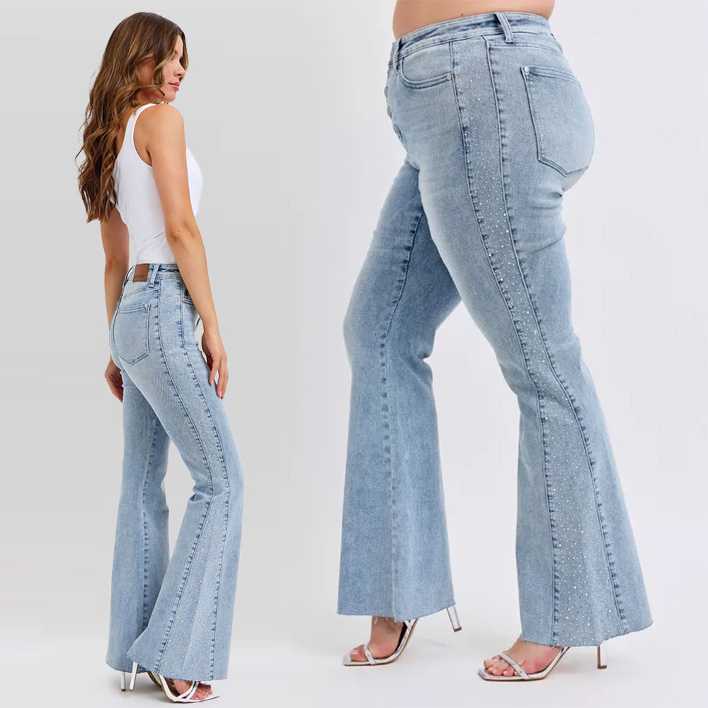 Judy Blue Mid Rise Rhinestone Side Panel Detail Flare Jeans 88895