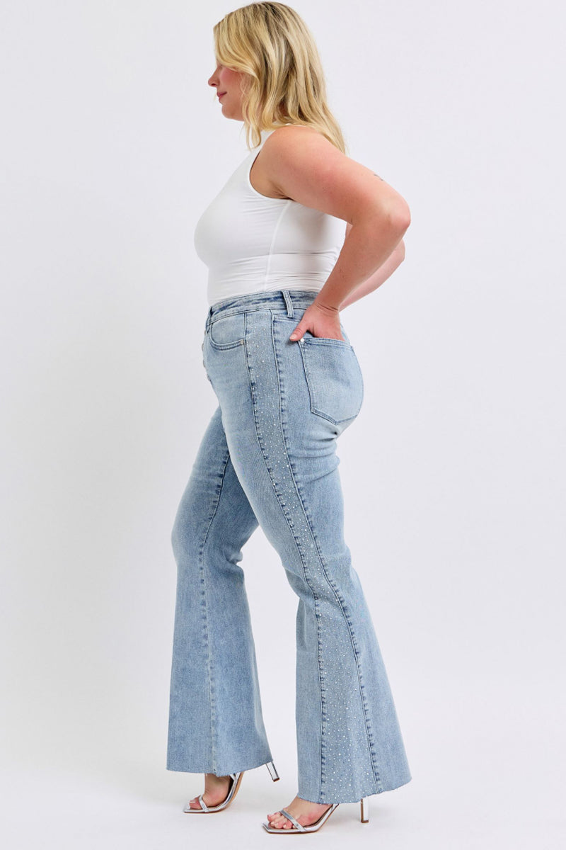Judy Blue Mid Rise Rhinestone Side Panel Detail Flare Jeans 88895