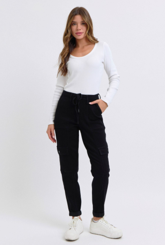 Judy Blue High Waist Cargo Cuff Black Jogger Denim Jeans 88910