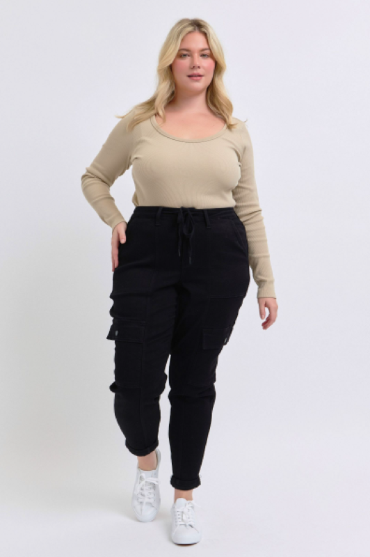 Judy Blue High Waist Cargo Cuff Black Jogger Denim Jeans 88910