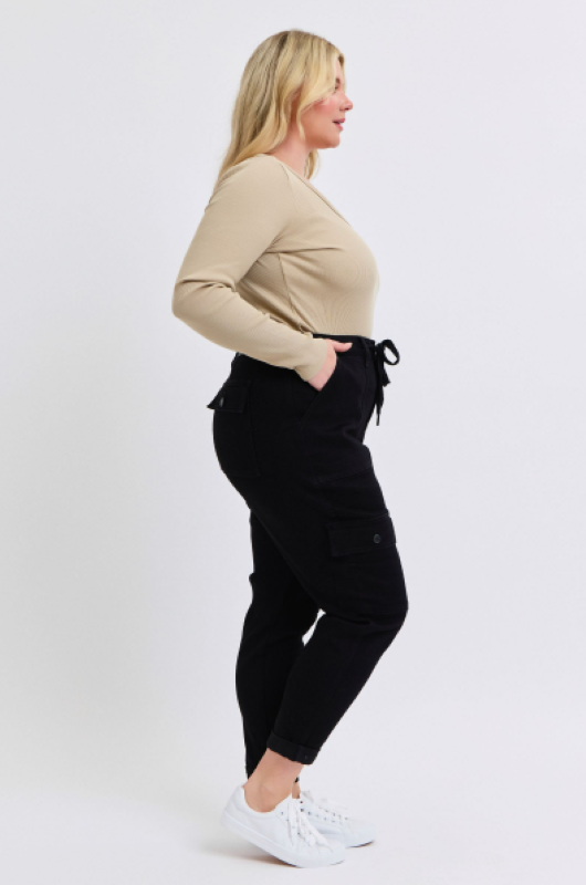 Judy Blue High Waist Cargo Cuff Black Jogger Denim Jeans 88910