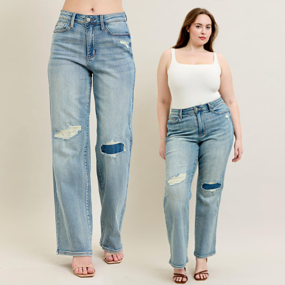 Judy Blue High Waist Destroy & Knee Patch Straight Leg Jeans 88928