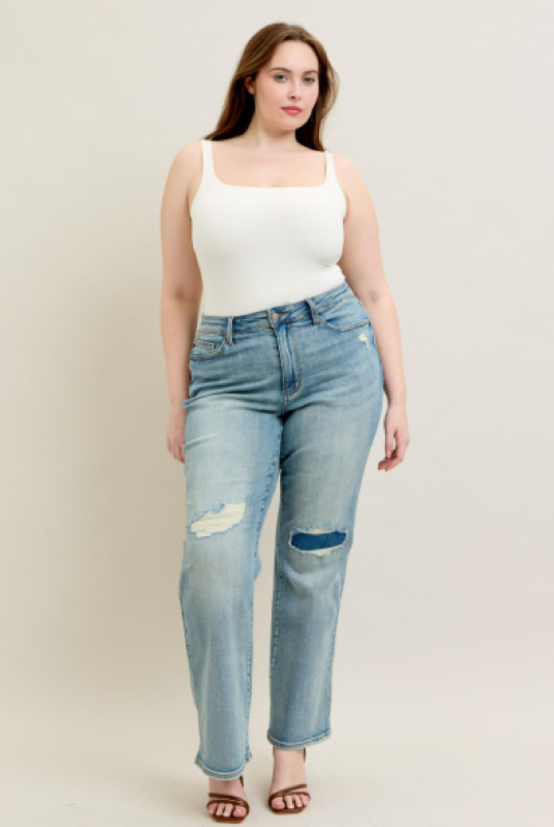 Judy Blue High Waist Destroy & Knee Patch Straight Leg Jeans 88928