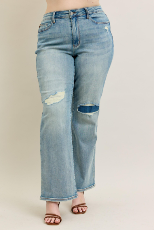Judy Blue High Waist Destroy & Knee Patch Straight Leg Jeans 88928