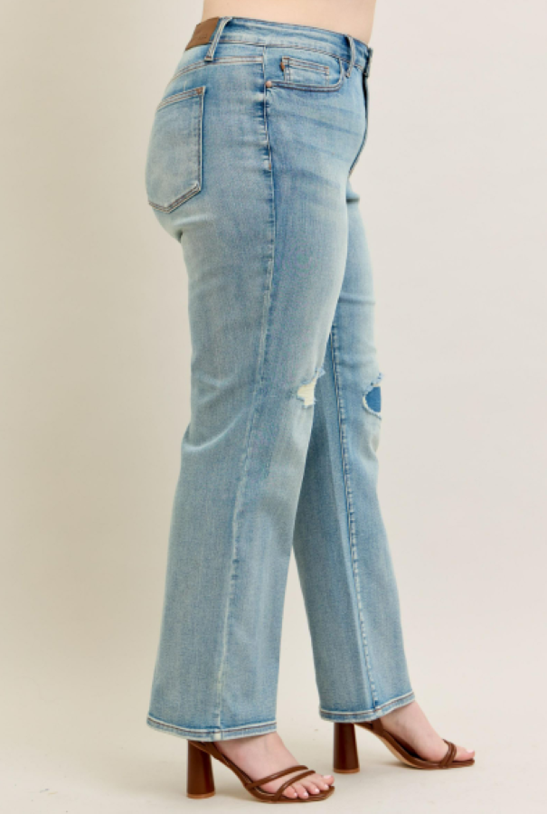 Judy Blue High Waist Destroy & Knee Patch Straight Leg Jeans 88928
