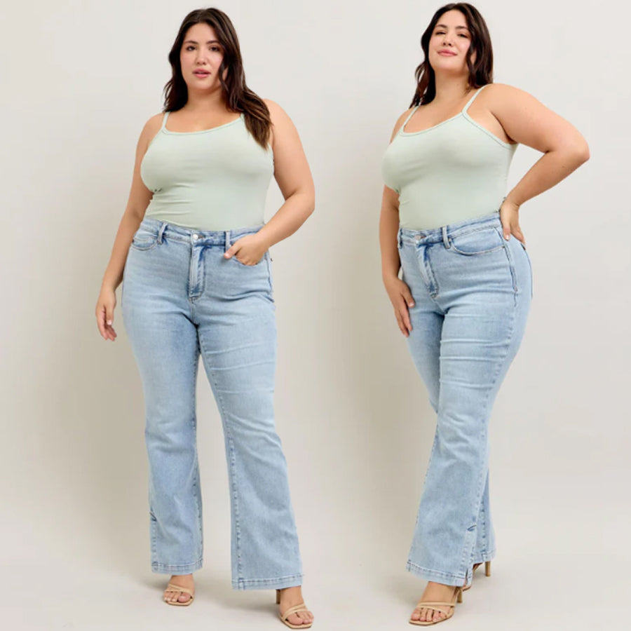 Judy Blue HW Tummy Control Vintage Wash Side Slit Slim Bootcut Jeans #88951