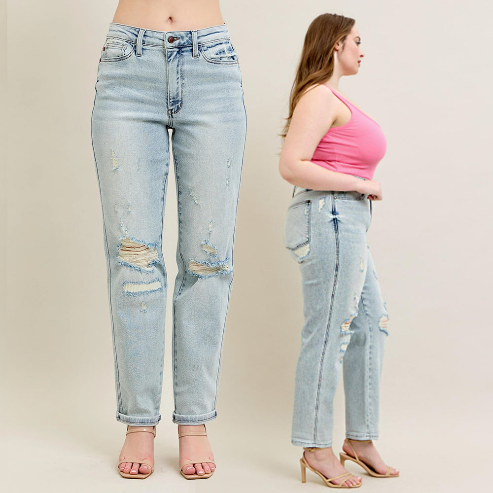 Judy Blue MR Repair Stitch Detail Destroy Single Cuff Boyfriend Jeans 88972