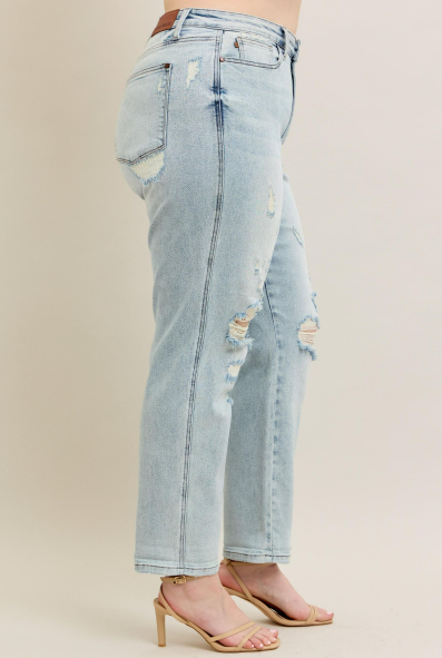 Judy Blue MR Repair Stitch Detail Destroy Single Cuff Boyfriend Jeans 88972