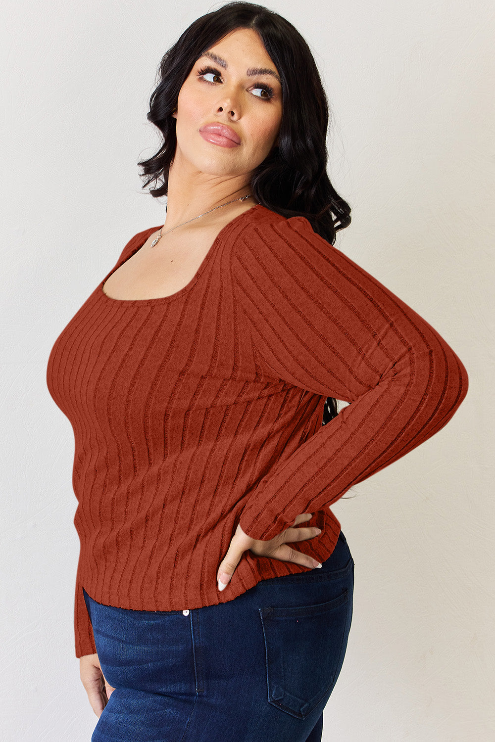 Basic Bae Full Size Scoop Neck Ribbed Long Sleeve Top