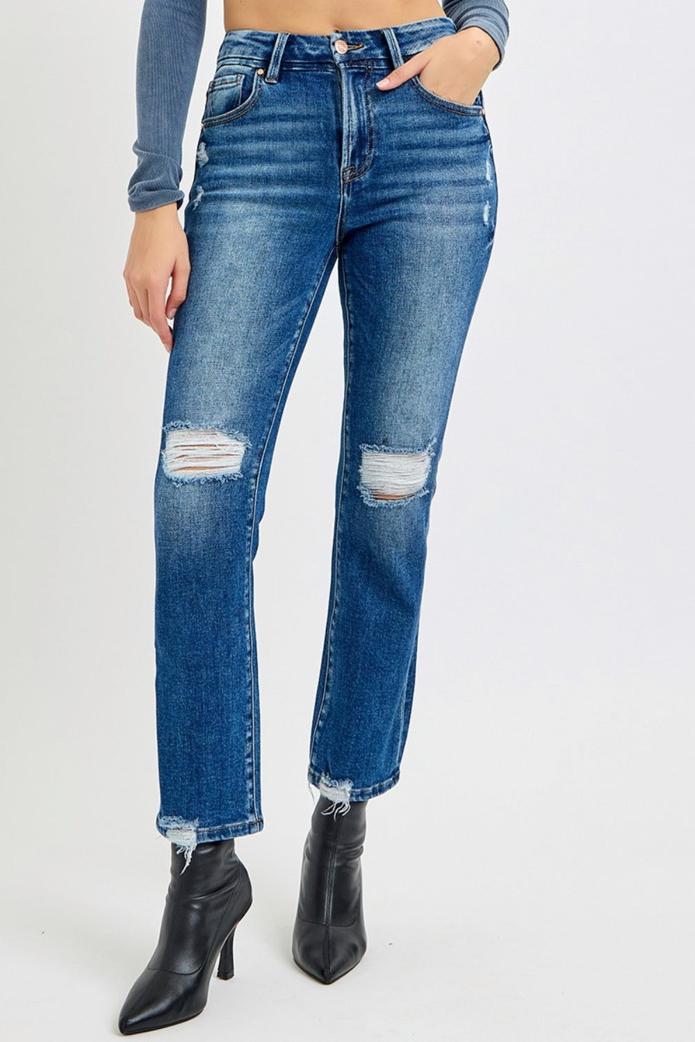 RISEN High Rise Distressed Crop Straight Leg Jeans RDP5783