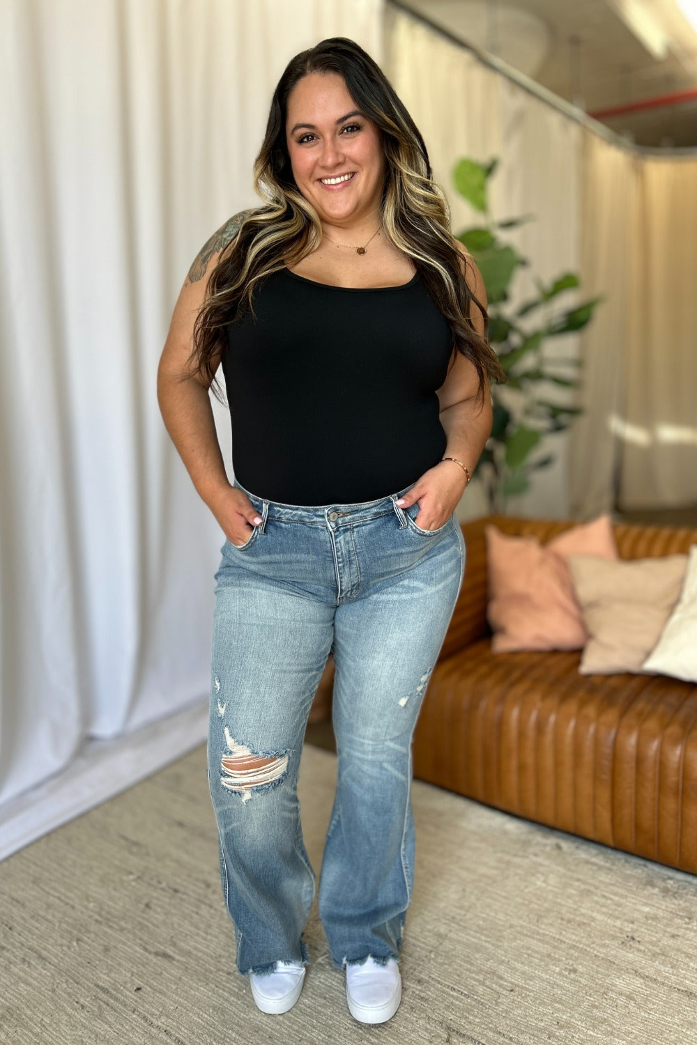 Judy Blue Mid Rise Tummy Control Distressed Flare Leg Jeans #88594