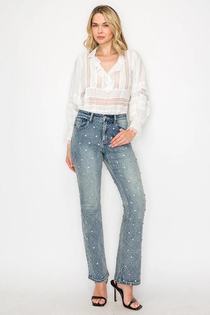 Artemis Vintage High Rise Jewel Embellished Rhinestone Modern Bootcut Jeans
