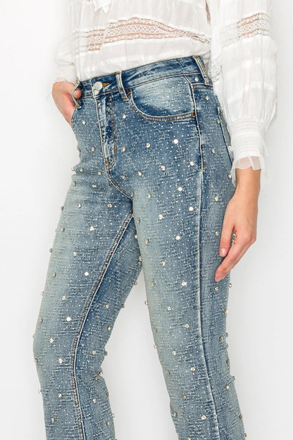 Artemis Vintage High Rise Jewel Embellished Rhinestone Modern Bootcut Jeans