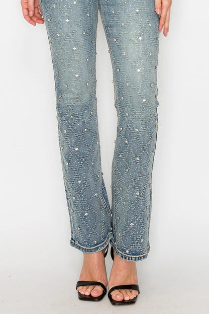 Artemis Vintage High Rise Jewel Embellished Rhinestone Modern Bootcut Jeans