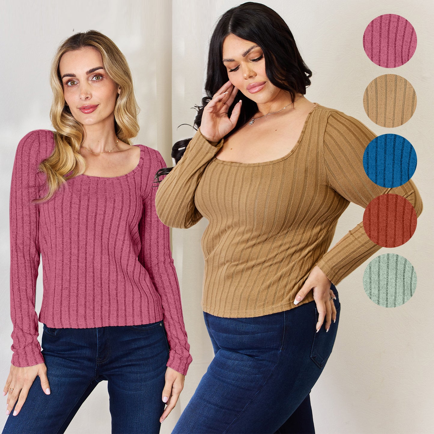 Basic Bae Full Size Scoop Neck Ribbed Long Sleeve Top