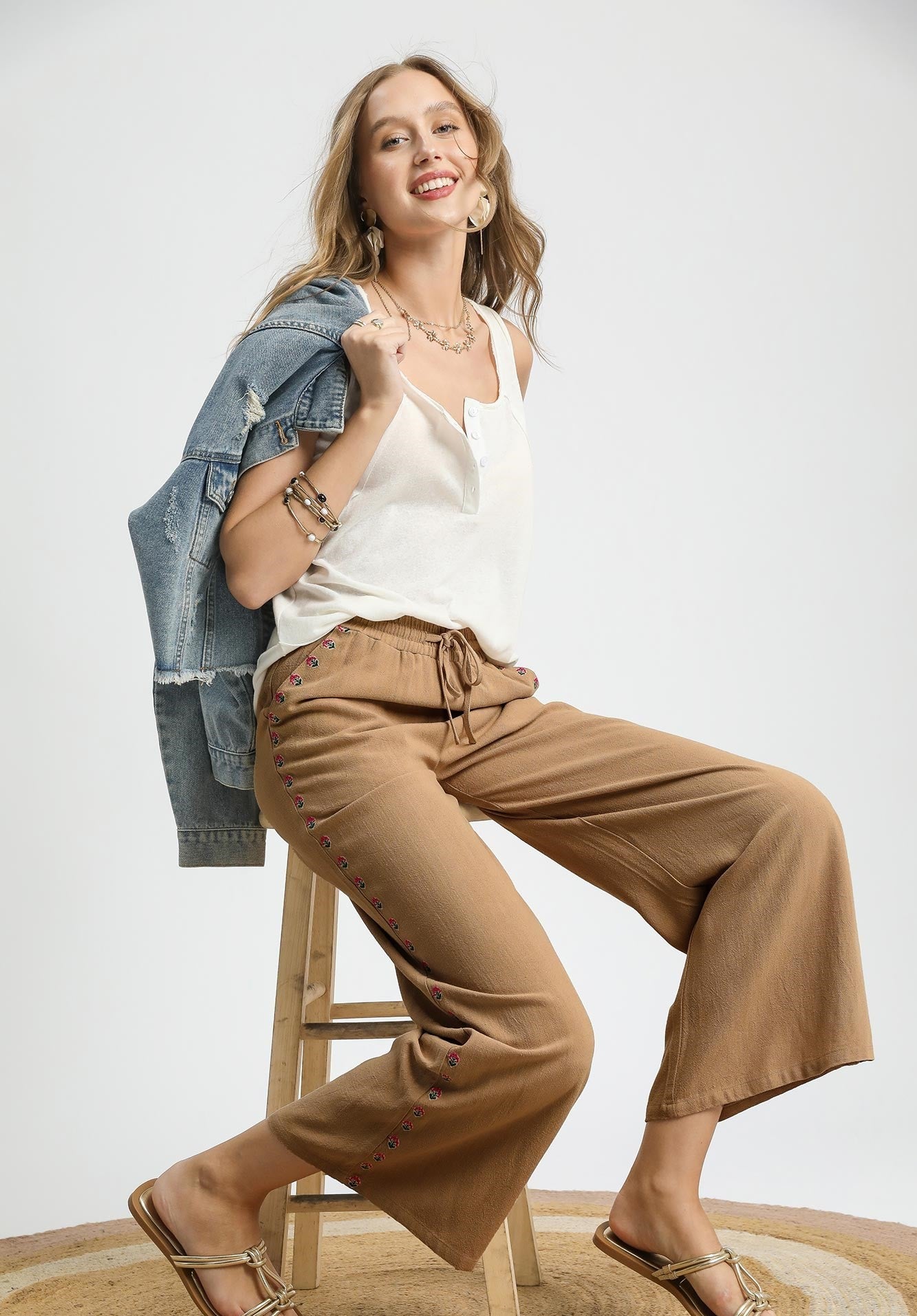 Umgee Floral Embroidered Trim Wide Leg Drawstring Pants
