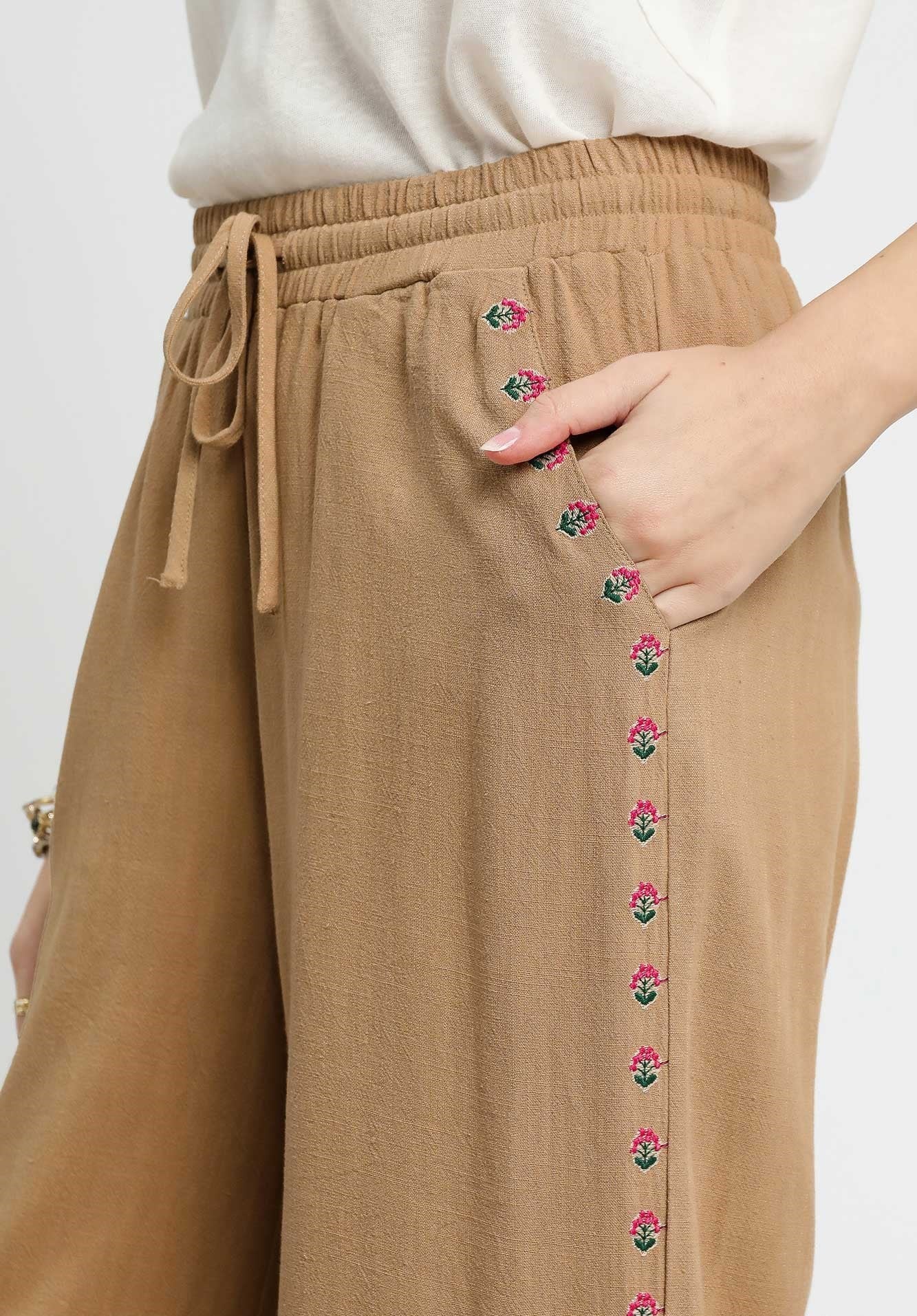 Umgee Floral Embroidered Trim Wide Leg Drawstring Pants
