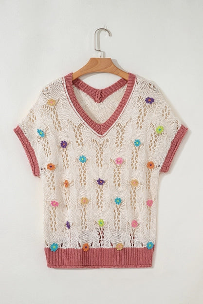 Isla Embroidered Flowers Colorblock Edge Hollowed Sweater