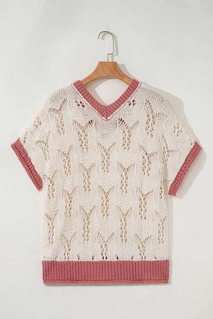 Isla Embroidered Flowers Colorblock Edge Hollowed Sweater