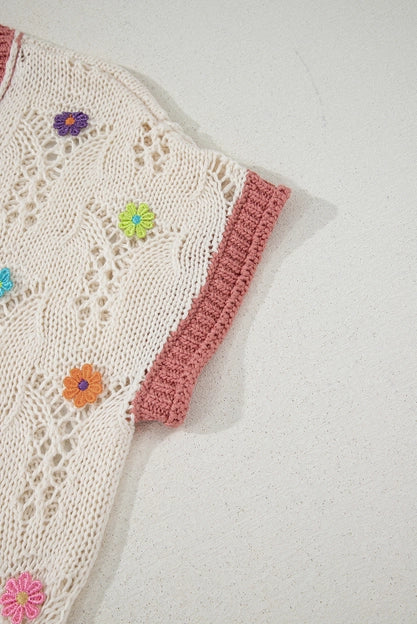 Isla Embroidered Flowers Colorblock Edge Hollowed Sweater