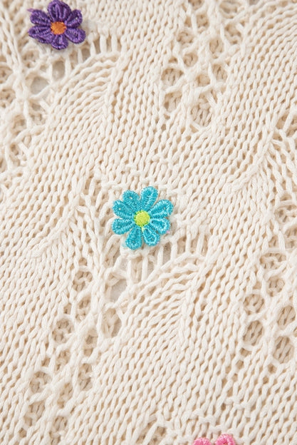Isla Embroidered Flowers Colorblock Edge Hollowed Sweater