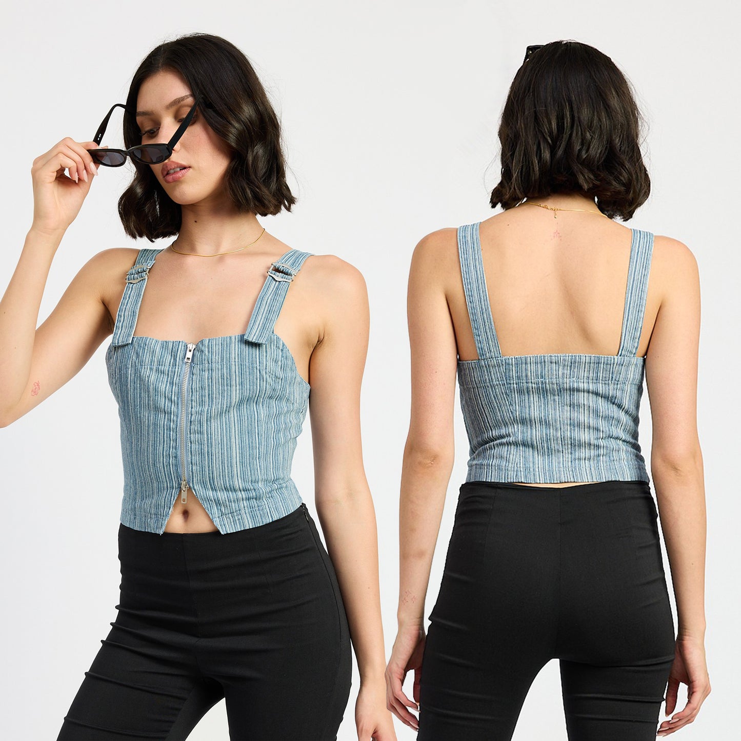 Emory Park Ilaria Zipper Front Denim Bustier Top