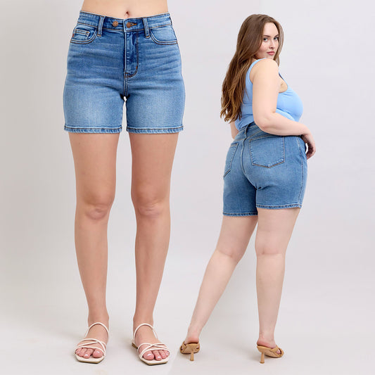 Judy Blue 2 Button Mid Length Dad Denim Shorts #15299