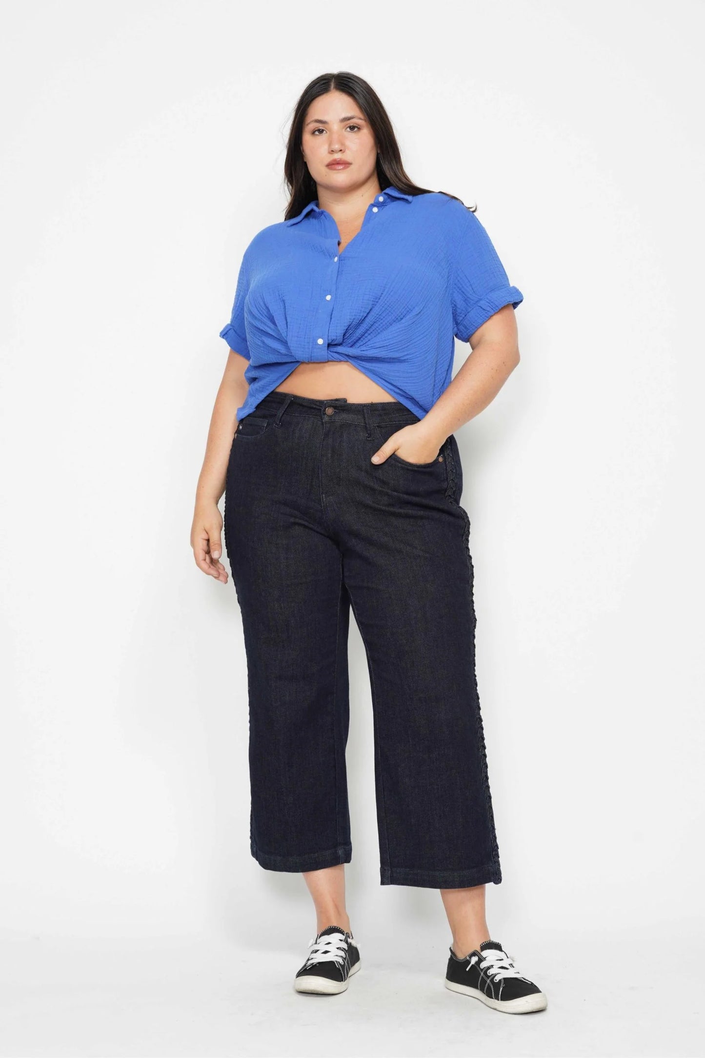 Judy Blue High Waist Side Seam Braid Detail Crop Wide Leg Jeans 88851