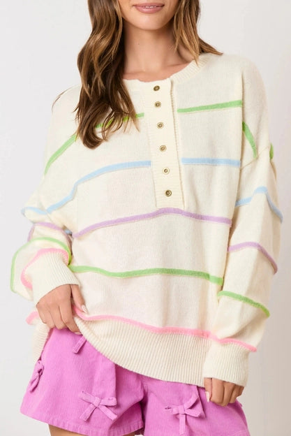 Miriam Stripes Baggy Henley Sweater