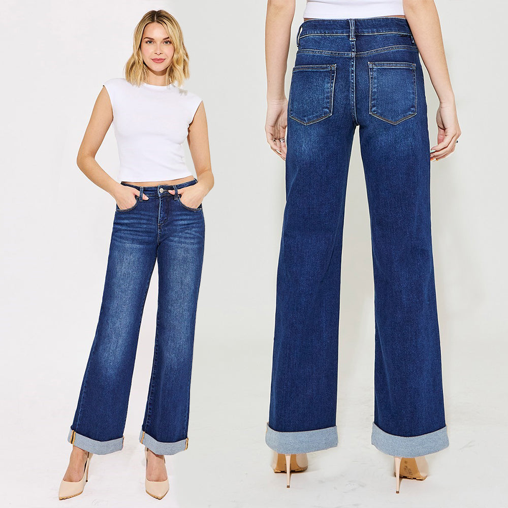 RISEN Tummy Control High Rise Wide Leg Cuffed Jeans PW2121