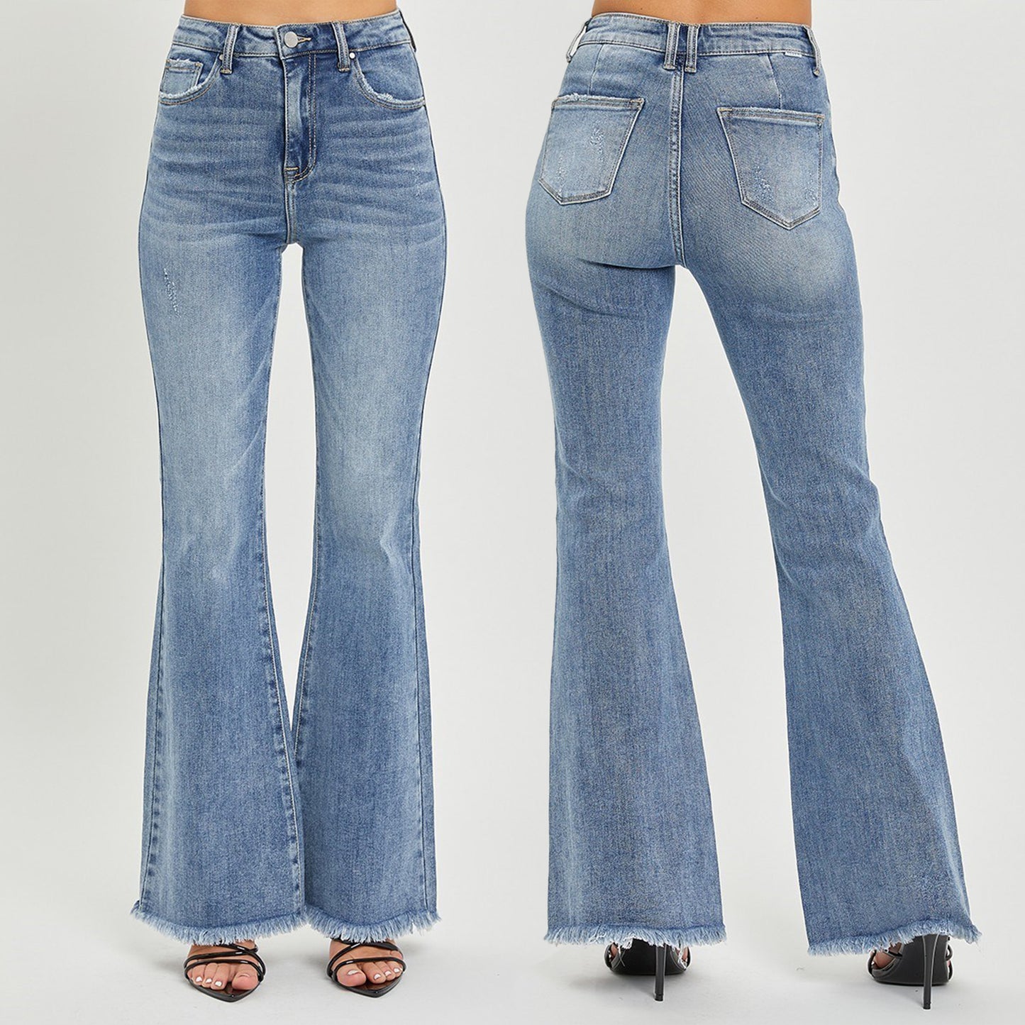 RISEN High Rise Vintage Frayed Hem Flare Jeans