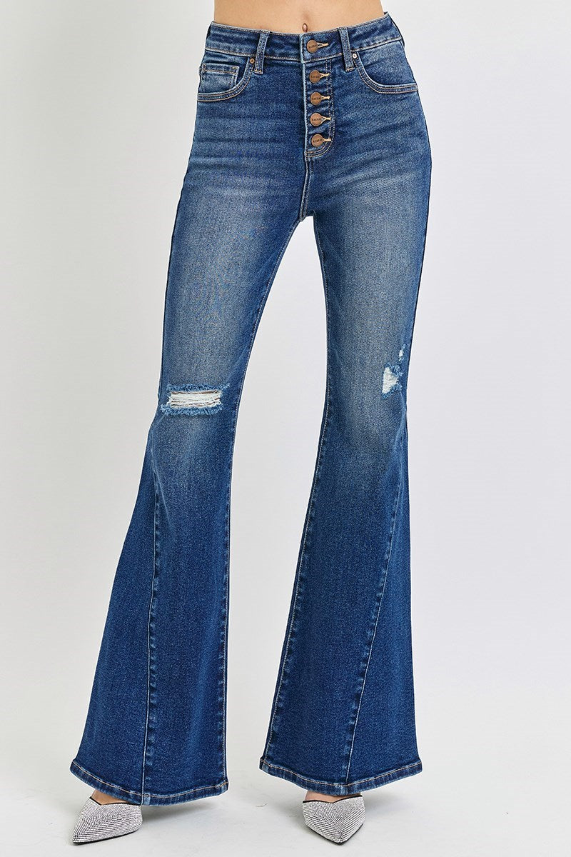 RISEN High Rise Tummy Control Distressed Button-Fly Flare Jeans RDP5675