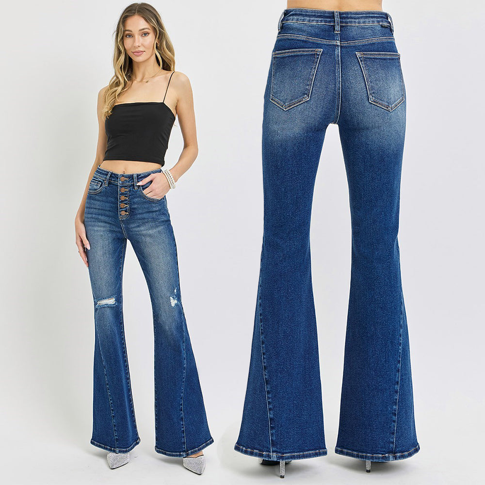 RISEN High Rise Tummy Control Distressed Button-Fly Flare Jeans RDP5675