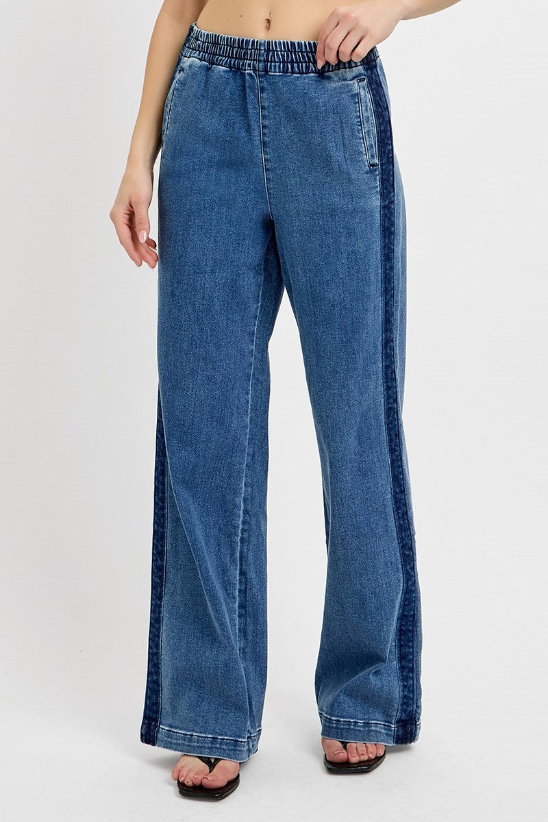 RISEN High Rise Elastic Waist Wide Leg Side Seam Detail Jeans
