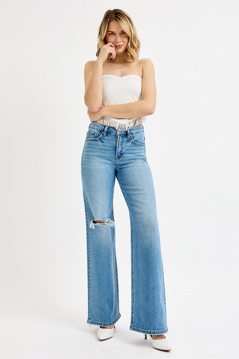 RISEN Tummy Control High Rise Distressed Wide Leg Jeans RDP5957