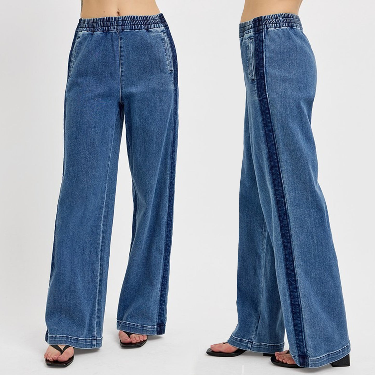 RISEN High Rise Elastic Waist Wide Leg Side Seam Detail Jeans