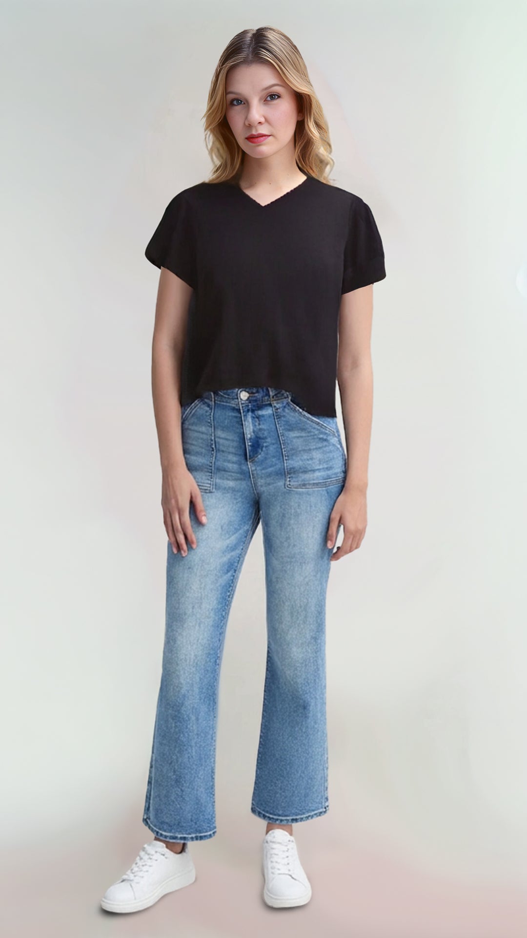RISEN High Waisted Bootcut Cropped Jeans Plus Size