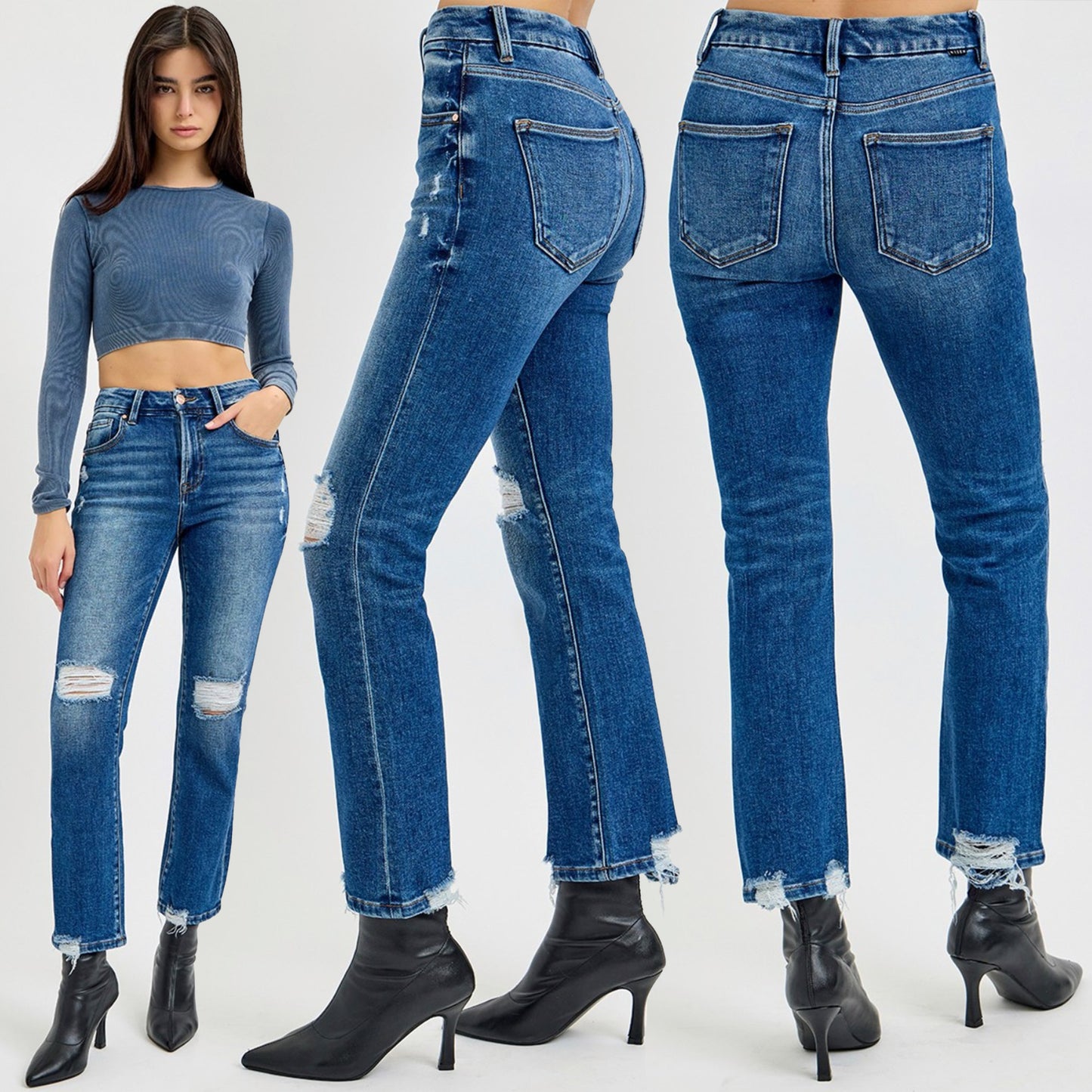 RISEN High Rise Distressed Crop Straight Leg Jeans RDP5783
