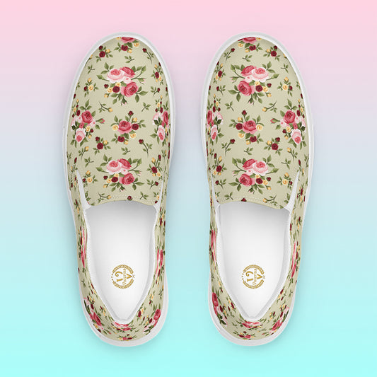 Women’s Red & Yellow Rose Print Slip On Canvas Sneakers