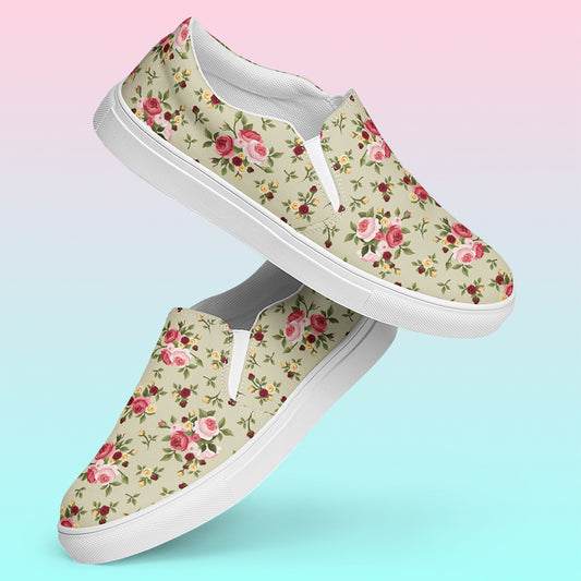 Women’s Red & Yellow Rose Print Slip On Canvas Sneakers