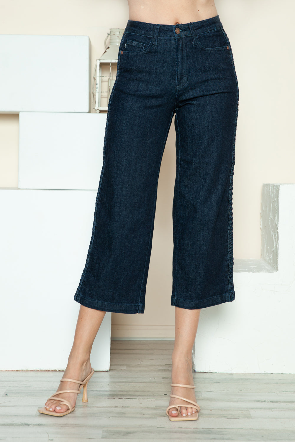 Judy Blue High Waist Side Seam Braid Detail Crop Wide Leg Jeans 88851
